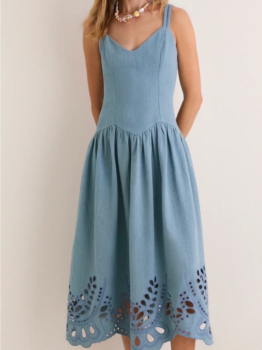 Moon River Sky Blue Eyelet Hem Midi Dress Size M